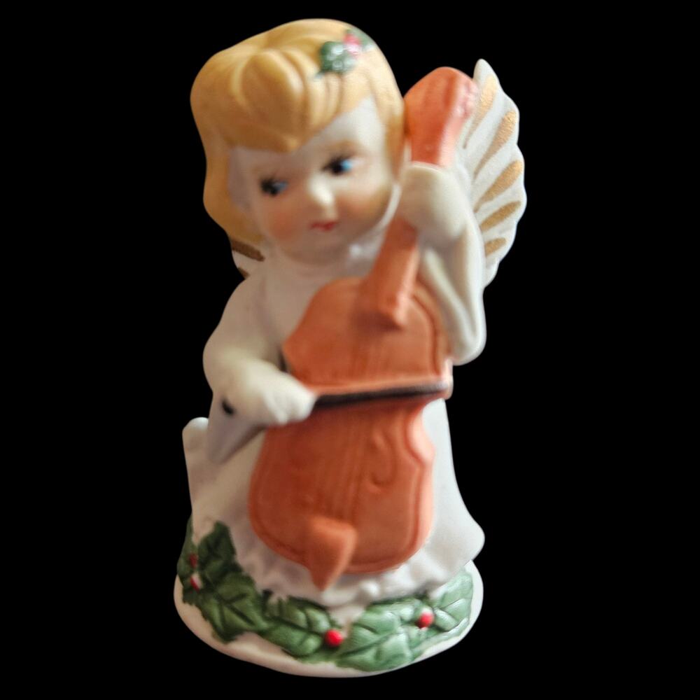Vintage Angel Bell Figurine Christmas Holly Violin Japan